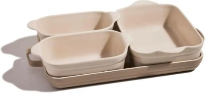 Picture of Our Place Bakeware Set | 5-Piece Nonstick, Toxin-Free, Ceramic, Cast Aluminum Set with Oven Pan, Bakers, & Oven Mat | Space-Saving Nesting Design | Oven-Safe | Bake, Roast, Griddle and more | Steam