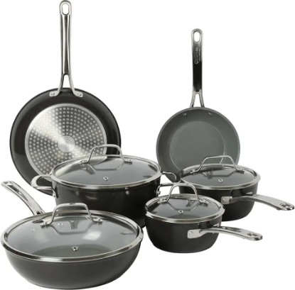 Picture of Sur La Table Kitchen Essentials 10 Piece PFA Free Titanium Ceramic Nonstick Interior Forged Aluminum Cookware Pots and Pans Set - Black - Induction Compatible