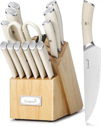 Picture of KUISINE Chef Knife Set,High Carbon Stainless Steel Block Knife Set,Knife Block Set with Built-in Sharpener,Sharp Knife Set Forged,Elegant Gift(Ivory,15pcs）