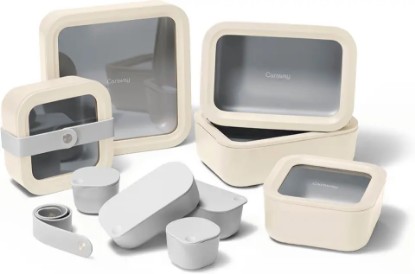 Picture of Caraway 14pc Glass Food Storage Container Set - Easy to Store, Non Toxic Lunch Box - with Glass Lids - Includes Storage Organizer & Dot & Dash Inserts - Cream