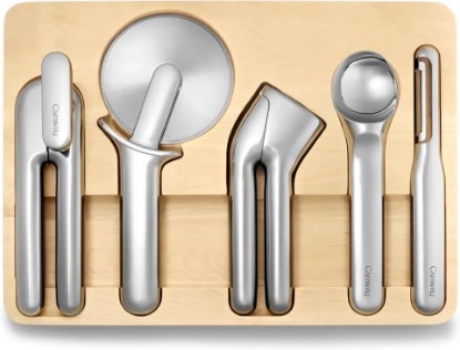 Picture of Caraway Kitchen Gadget Set - 5 Piece Kitchen Essentials - Stainless Steel - Includes Can Opener, Pizza Cutter, Garlic Press, Ice Cream Scoop, Vegetable Peeler, and Storage Organizer