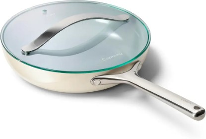Picture of Caraway Nonstick Ceramic Frying Pan With Glass Lid (2.7 qt, 10.5") - Non Toxic, PTFE & PFOA Free - Oven Safe & Compatible with All Stovetops (Gas, Electric & Induction) - Cream