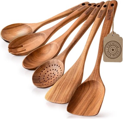Picture of Boxiki Kitchen Luxury Teak Wood Utensil Set - Elegant 6-Piece Cooking Ensemble Including Spoons, Server, Scraper & Spatula - Expertly Crafted for Culinary Excellence