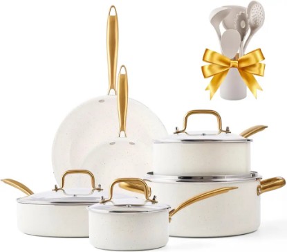 Picture of Ceramic Cookware Set, VONIKI 16 Pcs Pots and Pans Set Non Stick, Kitchen Cookware Sets with Cooking Utensils Set, Non Toxic Cookware Set White Gold Pan Set for Cooking Pot Oven & Dishwasher Safe, Gift
