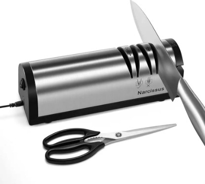 Picture of Narcissus Knife Sharpener, Professional 2 Stage Electric Knife Sharpener for Quick Sharpening & Polishing, with Scissors Sharpener and Metal Dust Collection Box, Stainless Steel, Silver