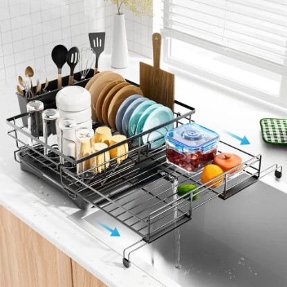 Picture of Dish Drying Rack - Expandable Rack, Large Capacity Dish Drainer for Kitchen Counter, Rust-Proof with Utensil Holder, Black
