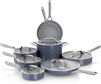 Picture of Ninja Ceramic Pro 14-Piece Cookware Set, Non-Stick Pots & Pans Set with Glass Lids, PTFE Free, Ceramic Coated, Oven Safe, All Stovetops & Induction Compatible, Midnight Blue, CW39014MM