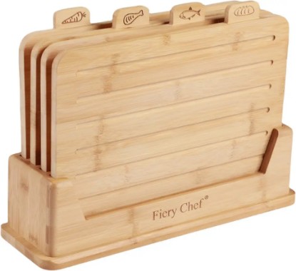 Picture of 14.56"L x 11"W Bamboo Cutting Board Set of 4 - Wood Cutting Board Set with Holder, Chopping Boards Set with Food Icons, Juice Groove - Ideal for Meat, Fish, Bread, Vegetable, Fruit Chopping
