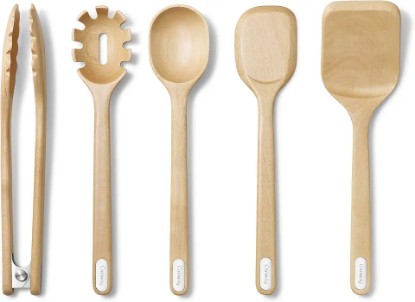 Picture of Caraway Wooden Utensil Set - 5 Piece Cooking Utensil Set - Spoon, Server, Scraper, Spatula, & Tongs - Made From FSC-Certified Birch Wood - No Microplastics