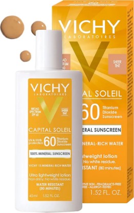 Picture of Vichy Capital Soleil Tinted Mineral Sunscreen for Face SPF 60, Titanium Dioxide Face Sunscreen, Travel Size Sunscreen, Water Resistant, Light weight Sun Protection Creams, Gels, & Lotions