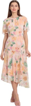 Picture of Maggy London Women's Short Flutter Sleeve Fit and Flare Dress with Asymmetric Hem Tier