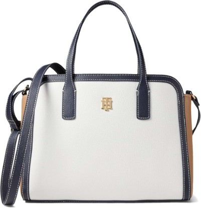 Picture of Tommy Hilfiger Liv II Convertible Satchel Color-Block Pebble PVC White Greige/Basket Brown/Tommy Navy One Size