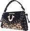Picture of True Religion Denim Eyelet Trim Flap Bag, Studded Lace-Up Crossbody Shoulder Handbag with Horseshoe Logo, Leopard