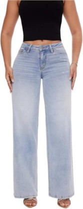 Picture of ONESO Mid-Low Rise Baggy Jeans Wide Leg for Women Distressed Pants Stretchy Bottom Lady Basic Comfortable Denim
