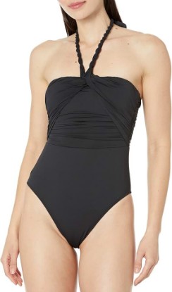 Picture of Lauren Ralph Lauren Beach Club Solid Twist Bandeau One-Piece Swimsuit for Women - Shaping Fit with Adjustable Strap, and Soft Cups Black 10 One Size
