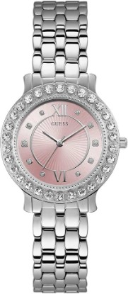 Picture of GUESS Stainless Steel + Pink Crystal Bracelet Watch. Color: Silver-Tone (Model: U1062L2)
