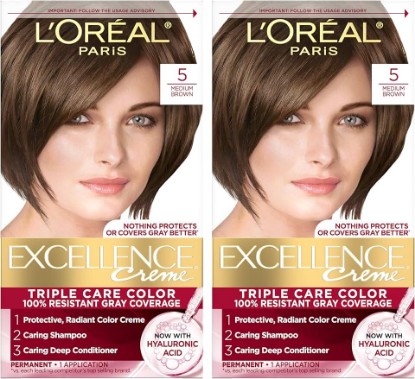 Picture of L'Oreal Paris Excellence Crème Permanent Hair Dye, Triple Care Hair Color with Hyaluronic Acid for 100% Gray Coverage, 5 Medium Brown, 1 Kit (Pack of 2) (Packaging May Vary)
