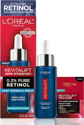 Picture of L'Oreal Paris Revitalift 0.3% Pure Retinol Night Serum, Reduce Deep Wrinkles, Fragrance Free 1 oz + Moisturizer Sample