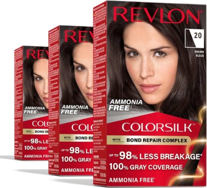 Picture of REVLON ColorSilk with Bond Repair Complex, Black Permanent Hair Color, 100% Gray Coverage, Ammonia Free Hair Dye, Vegan Keratin, 20 Brown Black (Pack of 3)