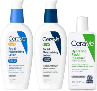 Picture of CeraVe AM Face Moisturizer with SPF, PM Face Moisturizer & Hydrating Face Wash Skin Care Routine for Morning & Night | Travel Size Toiletries | 3oz Lotion + 3oz Lotion + 3oz Cleanser