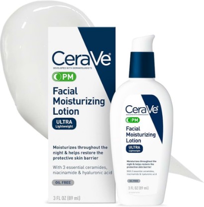 Picture of CeraVe PM Facial Moisturizing Lotion, Night Cream with Hyaluronic Acid and Niacinamide, Ultra-Lightweight, Oil-Free Moisturizer for Face, 3 Ounce