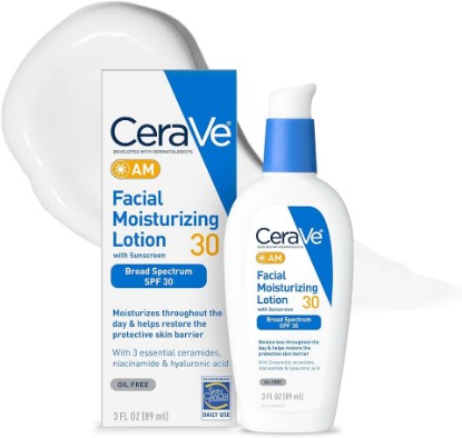 Picture of CeraVe AM Facial Moisturizing Lotion with SPF 30, Oil-Free Face Moisturizer with SPF, Formulated with Hyaluronic Acid, Niacinamide & Ceramides, Non-Comedogenic, Broad Spectrum Sunscreen, 3 Ounce