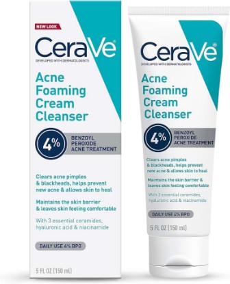 Picture of CeraVe Acne Foaming Cream Cleanser, 4% Benzoyl Peroxide Face Wash With Hyaluronic Acid, Niacinamide & Ceramides, Gentle Daily Acne Treatment For Face