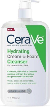 Picture of CeraVe Hydrating Cream To Foam Cleanser, Makeup Remover Face Wash For Dry Skin, Foaming Facial Cleanser With Hyaluronic Acid, Normal To Dry Skin, Fragrance Free & Non Comedogenic, 19 Fluid Ounce