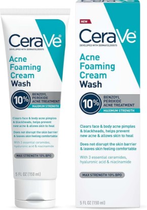 Picture of CeraVe Acne Foaming Cream Wash, Gentle Face and Body Cleanser with Benzoyl Peroxide 10%, Hyaluronic Acid, and Niacinamide, 10% Benzoyl Peroxide Treatment Clears Pimples and Blackheads 5 Oz