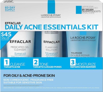Picture of Effaclar Daily Acne Essentials Kit, Acne Treatment System, Salicylic Acid Acne Cleanser, Pore Refining Toner, & Matte Face Moisturizer for Oily Skin & Combination Skin, Oil-Free, 2 Month Supply