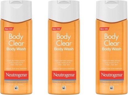 Picture of Neutrogena Body Clear Acne Body Wash, 2% Salicylic Acid Acne Medication, Oil-Free & Glycerin for Breakouts on Back, Chest & Shoulders, Non-Comedogenic, Gentle on Skin, Unscented, 8.5 Fl Oz, 3 Pack†