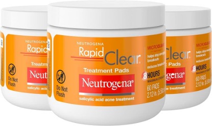 Picture of Neutrogena Rapid Clear Maximum Strength Acne Face Pads with 2% Salicylic Acid Acne Medication to Help Fight Breakouts, Oil-Free Facial Cleansing Pads for Acne-Prone Skin, 3 Pack