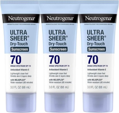 Picture of Neutrogena Ultra Sheer Dry-Touch Sunscreen For Face & Body, SPF 70 Broad Spectrum UVA/UVB Protection, Lightweight Water Resistant & Non-Greasy, Travel Size Sunscreen, 3 fl. oz (Pack of 3)