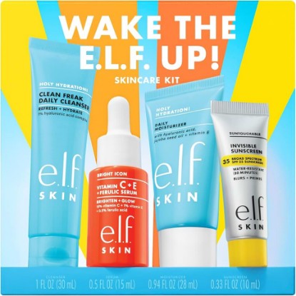 Picture of e.l.f. SKIN Wake the e.l.f. Up Skincare Kit, Travel-Size Hydrating Face Cleanser, Sunscreen, Moisturizer & Brightening Serum, Vegan & Cruelty-Free