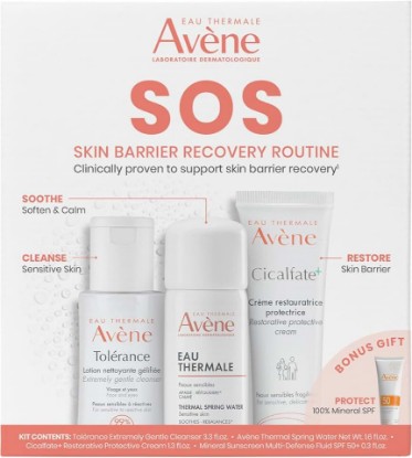 Picture of Avène SOS Post-Procedure Recovery System. Optimal post-procedure recovery care kit for compromised, hypersensitive skin.