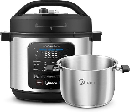 Picture of Midea 10-in-1 Electric Pressure Cooker with Slow Cooker, Steamer, Saute, Sous Vide, and Bake Modes, Stovetop & Oven Safe Stainless Steel Pot, 6 Quarts