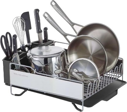 Picture of KitchenAid Large Capacity Full Size Rust Resistant Dish Rack with Angled Drain Board and Removable Flatware Caddy, Light Grey