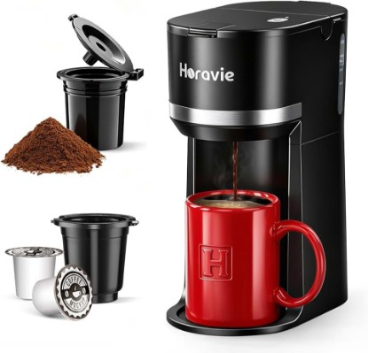 Picture of Horavie Small Single Serve Coffee Maker for K Cup and Grounds, Fast Brew One Cup Coffee Machine with One Button, 6 to 12 oz. Brew Sizes, Perfect for Home and Travel, Black