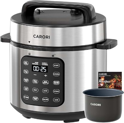 Picture of carori Electric Pressure Cooker 6 Quart Silver, Non-stick Pot, 9-in-1 Instant Pot, 12 Preset Functions with Touchscreen, Safe Steam Release, Stew, Slow Cook, Rice, Sauté, Warmer