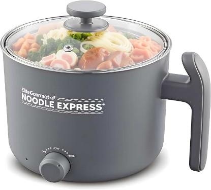 Picture of Elite Gourmet NOODLE EXPRESS™ Hot Pot, Prepare Ramen, Rice, Soups, Stews, Boil Water, Stainless-Steel Interior, Glass Lid, High/Low/Off Settings, Grey