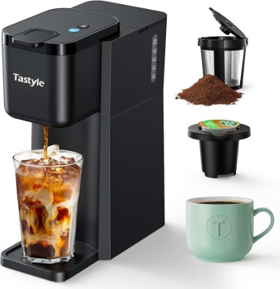 Picture of Tastyle Mini Hot and Iced Coffee Maker Single Serve, for K Cup and Ground, 6 to 14 Oz Brew Sizes, with Recipe Book, for Home, Travel, RV, Office and Dorm,Classic Black (2.0 Version)