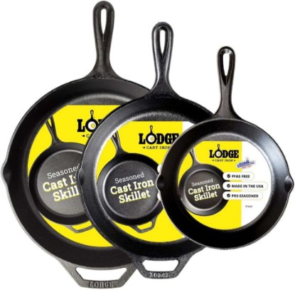 Picture of Lodge Seasoned Cast Iron Skillet Set 8, 10.25 & 12 Inches - PFAS-Free, Non-Toxic Cookware - Use with an Oven, Stove, Grill, or Campfire - Naturally Non-Stick & Oven Safe