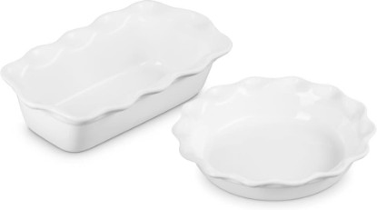 Picture of Le Creuset Stoneware Set of 2 9" Heritage Fluted Pie and 9" Fluted Loaf Dish, White