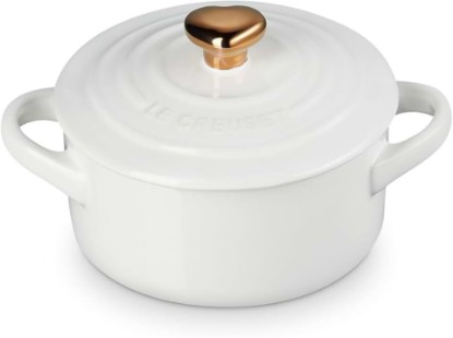Picture of Le Creuset Stoneware Mini Round Cocotte, 8oz., White with Gold Heart Knob