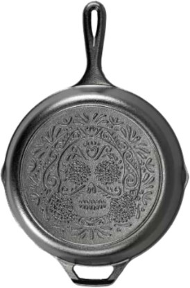 Picture of Lodge 10.25 Inch Pre-Seasoned Cast Iron Stamped Skillet - Signature Teardrop Handle - Use in the Oven, on the Stove, on the Grill, or Over a Campfire - Sugar Skull