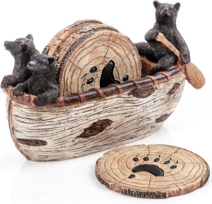Picture of Cabin Obsession Bear Coasters - Set of 6 Full Size Rustic Coasters in Handmade Canoe with Adorable Black Bear Figurines - Log Cabin Decorations, Rustic Lodge Decor for The Home