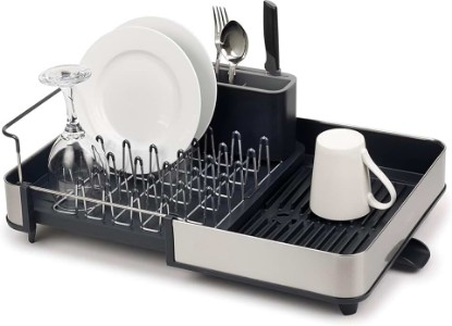 Picture of Joseph Joseph Extendable Dish Drying Rack with Dual Parts - Stainless Steel, Non-Scratch, Movable Utensil Drainer & Drainage Spout, Gray