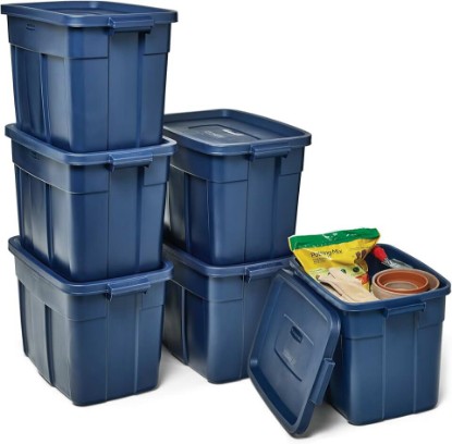 Picture of Rubbermaid Roughneck Tote 18 Gal, 6 Pack, Made in USA, Dark Indigo Metallic, Rugged Plastic Stackable Storage Bins with Lids and Handles
