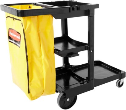 Picture of Rubbermaid Commercial Traditional Janitorial 3-Shelf Cleaning Cart, Wheeled with Zippered Yellow Vinyl Bag, for Business/School/Office/Janatorial Cleaning