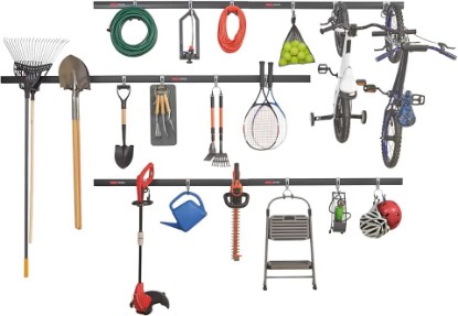 Picture of Rubbermaid 24-Piece FastTrack Garage Wall-Mounted Storage Kit, 6 Rails and 18 Hooks, Black, for Home/House/Tool/Sports/Equipment/Utility Purposes